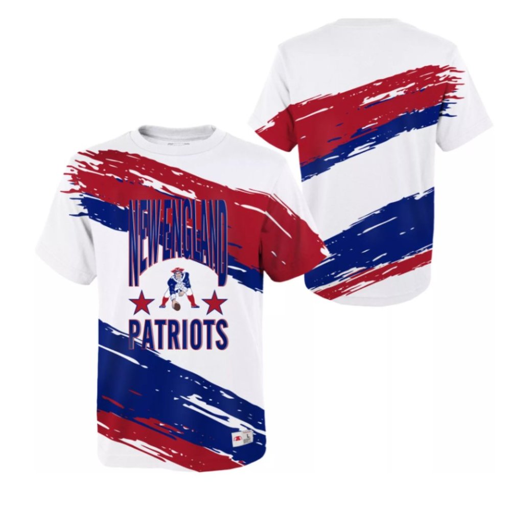 New England Patriots T Shirt Youth Boys Mitchell & Ness White Red Blue